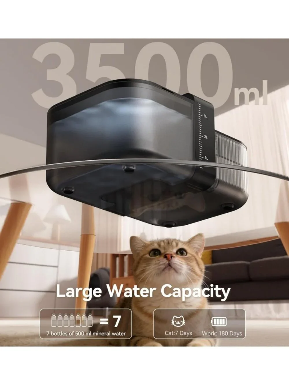 Stainless Steel Wireless Cat & Dog Water Fountain, 3.5L, Wastewater Separation